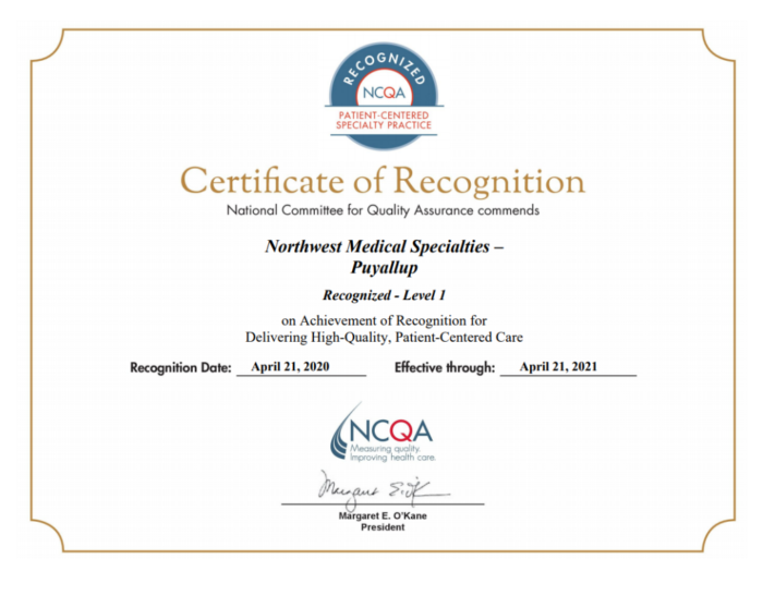 certificate of recognition from the NCQA